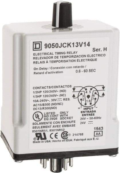 Square D - 8 Pin, 999 hr Delay, DPDT Time Delay Relay - 10 Contact Amp, 24 VAC/VDC - Top Tool & Supply