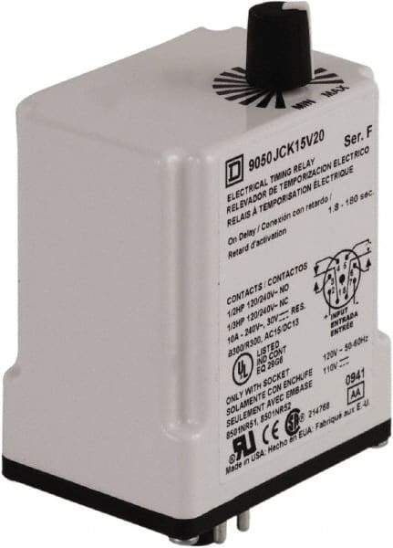 Square D - 8 Pin, 3 min Delay, DPDT Time Delay Relay - 10 Contact Amp, 110 VDC & 120 VAC - Top Tool & Supply