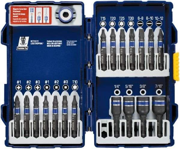 Irwin - 19 Piece, Phillips, Square, Torx, Slotted, Hex Nutsetter Handle, Drive Set - 1/4 to 7/16" Hex, #1 to #3 - Top Tool & Supply