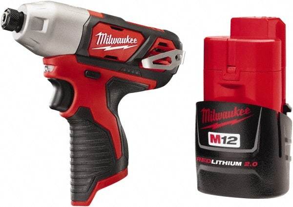 Milwaukee Tool - 12 Volt, 1/4" Drive, 1,000 In/Lb Torque, Cordless Impact Driver - Pistol Grip Handle, 2500 RPM, 1 Lithium-Ion Battery Included - Top Tool & Supply