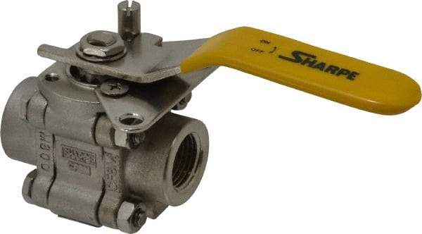 Sharpe Valves - 1/2" Pipe, Standard Port, Stainless Steel Standard Ball Valve - 3 Piece, Inline - One Way Flow, FNPT x FNPT Ends, Locking Lever Handle, 1,000 WOG, 125 WSP - Top Tool & Supply