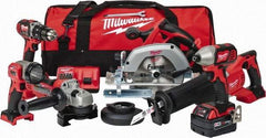 Milwaukee Tool - 18 Volt Cordless Tool Combination Kit - Includes 1/2" Hammer Drill Driver, 1/4" Impact Driver, 1-Hour Charger, Circular Saw, Contractor Bag, Cut-Off Grinder, Reciprocating Saw, Sawzall Blade & Work Light, Lithium-Ion Battery Included - Top Tool & Supply