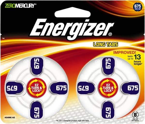 Energizer - Size 675, Zinc Air, 1 Pack, Hearing Aid Battery - 1.4 Volts, Button Tab Terminal, PR44 - Top Tool & Supply