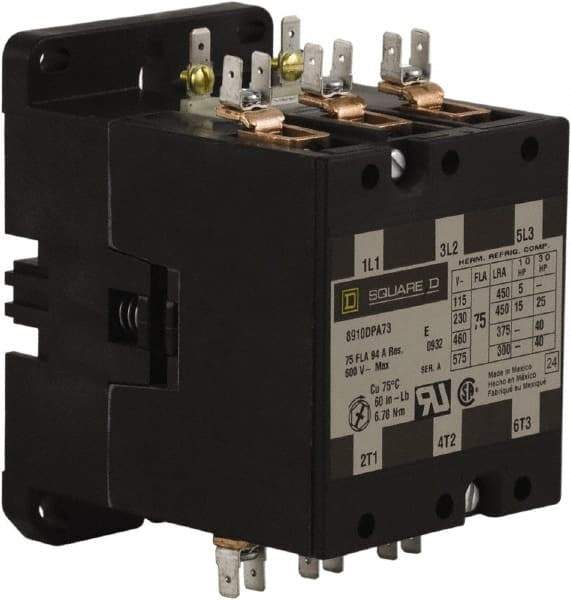 Square D - 3 Pole, 75 Amp Inductive Load, 24 Coil VAC at 50/60 Hz, Definite Purpose Contactor - Phase 1 and Phase 3 Hp:  15 at 230 VAC, 25 at 230 VAC, 40 at 460 VAC, 40 at 575 VAC, 5 at 115 VAC, 94 Amp Resistive Rating, CE, CSA, UL Listed - Top Tool & Supply