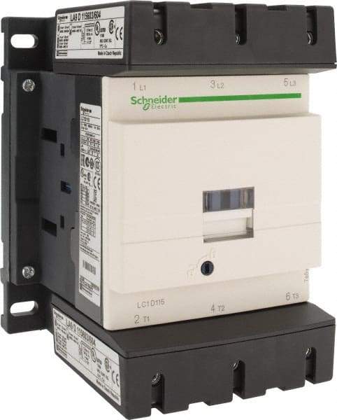 Schneider Electric - 3 Pole, 220 Coil VAC at 50/60 Hz, 115 Amp at 440 VAC, Nonreversible IEC Contactor - Bureau Veritas, CCC, CSA, CSA C22.2 No. 14, DNV, EN/IEC 60947-4-1, EN/IEC 60947-5-1, GL, GOST, LROS, RINA, RoHS Compliant, UL 508, UL Listed - Top Tool & Supply