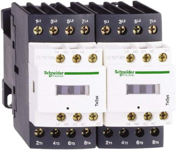 Schneider Electric - 3 Pole, 120 Coil VAC at 50/60 Hz, 40 Amp at 440 VAC, Reversible IEC Contactor - 1 Phase hp: 3 at 115 VAC, 5 at 230/240 VAC, 3 Phase hp: 10 at 200/208 VAC, 10 at 230/240 VAC, 30 at 460/480 VAC, 30 at 575/600 VAC - Top Tool & Supply