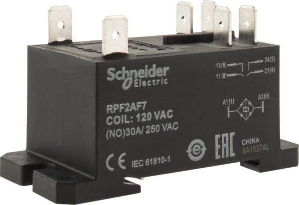 Schneider Electric - 7,500 VA Power Rating, Electromechanical Plug-in General Purpose Relay - 20 Amp at 28 VDC, 25 at 28 VDC, 30 at 250/277 VAC, 2NO, 120 VAC - Top Tool & Supply