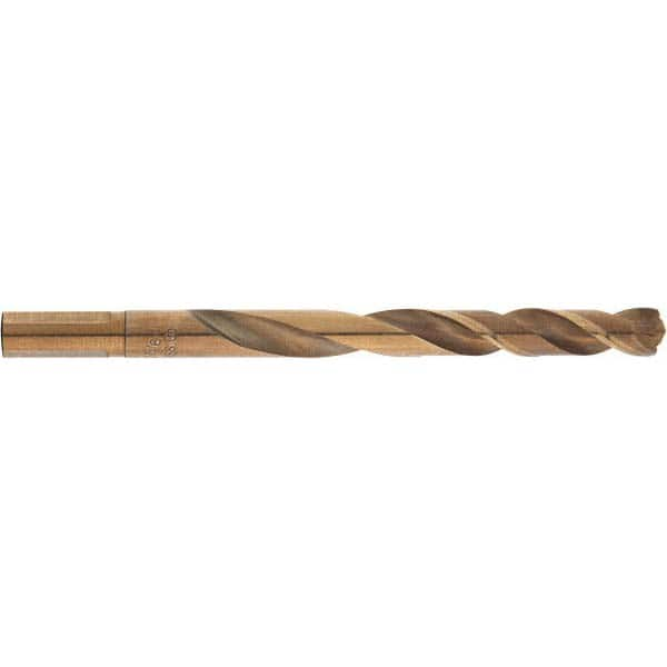 Mechanics Drill Bit: 19/64″ Dia, 135 ™, Cobalt, Weldon Shank, Split Point Gold Finish, 4-1/2″ OAL