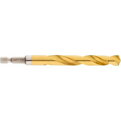 Mechanics Drill Bit: 7/16″ Dia, 135 ™, High Speed Steel, Hex Shank, Split Point TiN Finish, 4-9/16″ OAL