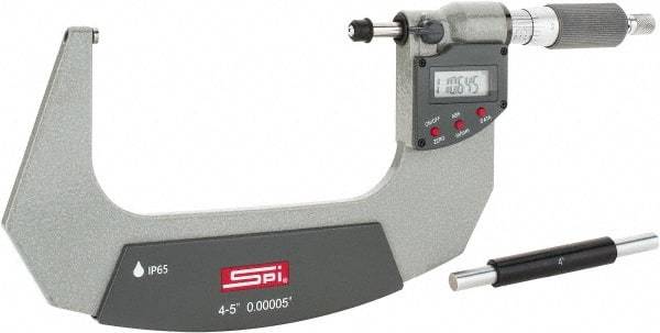 SPI - 4 to 5" Range, 0.00005" Resolution, Double Ratchet IP65 Electronic Outside Micrometer - 0.0002" Accuracy, Ratchet-Friction Thimble, Carbide Face, CR2032 Battery, Includes NIST Traceable Certification of Inspection - Top Tool & Supply