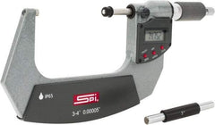 SPI - 3 to 4" Range, 0.00005" Resolution, Double Ratchet IP65 Electronic Outside Micrometer - 0.0002" Accuracy, Ratchet-Friction Thimble, Carbide Face, CR2032 Battery, Includes NIST Traceable Certification of Inspection - Top Tool & Supply