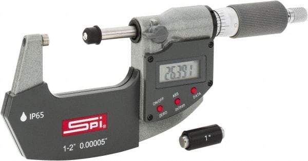 SPI - 1 to 2" Range, 0.00005" Resolution, Double Ratchet IP65 Electronic Outside Micrometer - 0.0002" Accuracy, Ratchet-Friction Thimble, Carbide Face, CR2032 Battery, Includes NIST Traceable Certification of Inspection - Top Tool & Supply