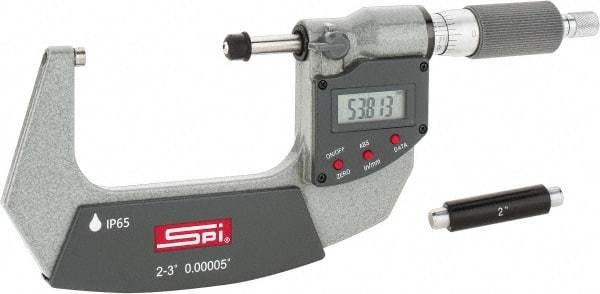 SPI - 2 to 3" Range, 0.00005" Resolution, Double Ratchet IP65 Electronic Outside Micrometer - 0.0002" Accuracy, Ratchet-Friction Thimble, Carbide Face, CR2032 Battery, Includes NIST Traceable Certification of Inspection - Top Tool & Supply