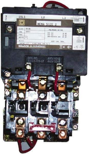 Square D - 220 Coil VAC at 50 Hz, 240 Coil VAC at 60 Hz, 45 Amp, NEMA Size 2, Nonreversible Open Enclosure NEMA Motor Starter - 3 Phase hp: 10 at 200 VAC, 15 at 230 VAC, 25 at 460 VAC, 25 at 575 VAC - Top Tool & Supply