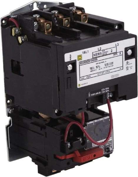 Square D - 208 Coil VAC at 60 Hz, 600 Coil VAC, 27 Amp, NEMA Size 1, Open Enclosure NEMA Motor Starter - 1 Phase hp: 7 1/2 at 200 Volt, 7 1/2 at 230 Volt, 3 Phase hp: 10 at 460 Volt, 10 at 575 Volt - Top Tool & Supply