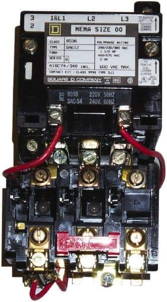 Square D - 220 Coil VAC at 50 Hz, 240 Coil VAC at 60 Hz, 9 Amp, Nonreversible Open Enclosure NEMA Motor Starter - 3 Phase hp: 1-1/2 at 200 VAC, 1-1/2 at 230 VAC, 2 at 460 VAC, 2 at 575 VAC - Top Tool & Supply