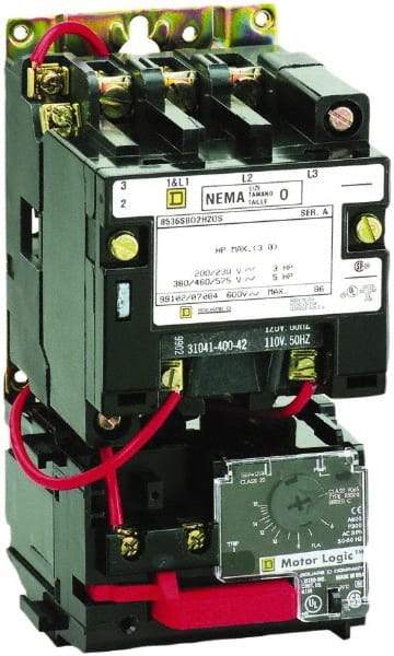 Square D - 110 Coil VAC at 50 Hz, 120 Coil VAC at 60 Hz, 9 Amp, Nonreversible Open Enclosure NEMA Motor Starter - 3 Phase hp: 1-1/2 at 200 VAC, 1-1/2 at 230 VAC, 2 at 460 VAC, 2 at 575 VAC - Top Tool & Supply