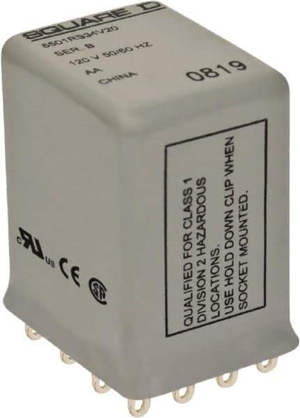 Square D - 1/6 hp at 120/240 Volt, Electromechanical Plug-in General Purpose Relay - 1 Amp at 240 VAC, 4PDT, 120 VAC at 50/60 Hz - Top Tool & Supply