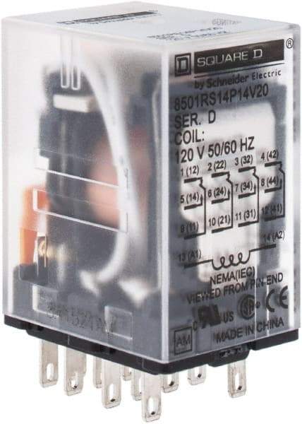 Square D - 1/6 hp at 120/240 Volt, Electromechanical Plug-in General Purpose Relay - 5 Amp at 240 VAC, 4PDT, 120 VAC at 50/60 Hz - Top Tool & Supply