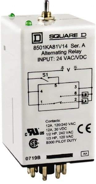 Square D - 8 Pins, 1/2 hp at 240 Volt & 1/3 hp at 120 Volt, Electromechanical Plug-in General Purpose Relay - 12 Amp at 240 VAC, SPDT, 12 VAC/VDC, 36mm Wide x 65mm High x 44mm Deep - Top Tool & Supply