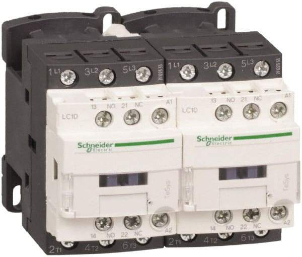 Schneider Electric - 3 Pole, 220 Coil VAC at 50/60 Hz, 12 Amp at 440 VAC, Reversible IEC Contactor - 1 Phase hp: 1 at 115 VAC, 2 at 230/240 VAC, 3 Phase hp: 10 at 575/600 VAC, 3 at 200/208 VAC, 3 at 230/240 VAC, 7.5 at 460/480 VAC - Top Tool & Supply