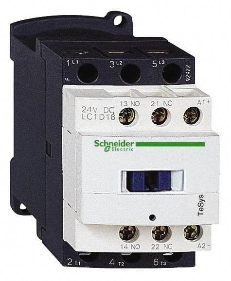 Schneider Electric - 3 Pole, 24 Coil VDC, 18 Amp at 440 VAC and 32 Amp at 440 VAC, Nonreversible IEC Contactor - 1 Phase hp: 1 at 115 VAC, 3 at 230/240 VAC, 3 Phase hp: 10 at 460/480 VAC, 15 at 575/600 VAC, 5 at 200/208 VAC, 5 at 230/240 VAC - Top Tool & Supply