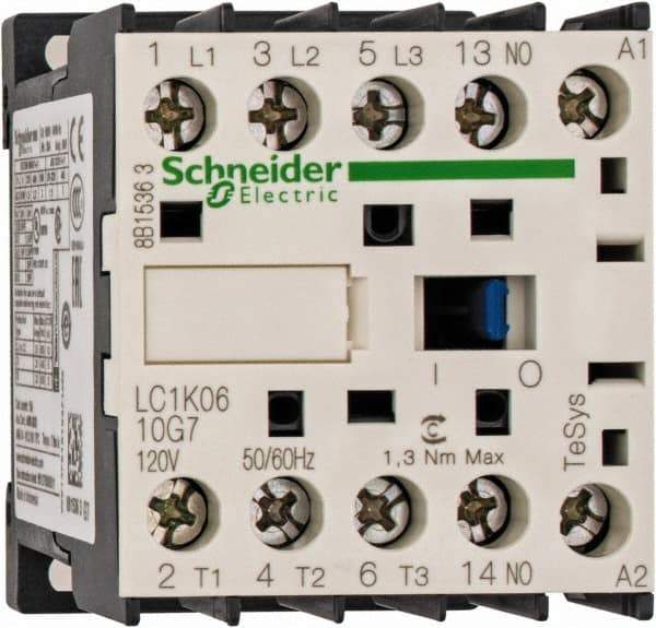 Schneider Electric - 3 Pole, 120 Coil VAC at 50/60 Hz, 6 Amp at 440 VAC, Nonreversible IEC Contactor - BS 5424, CSA, IEC 60947, NF C 63-110, RoHS Compliant, UL Listed, VDE 0660 - Top Tool & Supply