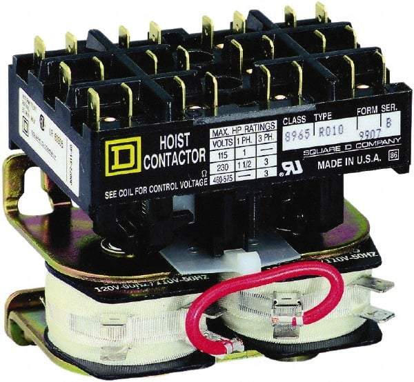 Square D - 3 Pole, 110 Coil VAC at 50 Hz and 120 Coil VAC at 60 Hz, Reversible Definite Purpose Contactor - Phase 1 and Phase 3 Hp:  1 at 115 VAC, 1.5 at 230 VAC, 3 at 230 VAC, 3 at 460 VAC, 3 at 575 VAC, CSA, RoHS Compliant, UL Listed - Top Tool & Supply