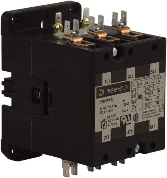 Square D - 3 Pole, 90 Amp Inductive Load, 24 Coil VAC at 50/60 Hz, Definite Purpose Contactor - Phase 1 and Phase 3 Hp:  20 at 230 VAC, 30 at 230 VAC, 50 at 460 VAC, 50 at 575 VAC, 7.5 at 115 VAC, 120 Amp Resistive Rating, CE, CSA, UL Listed - Top Tool & Supply