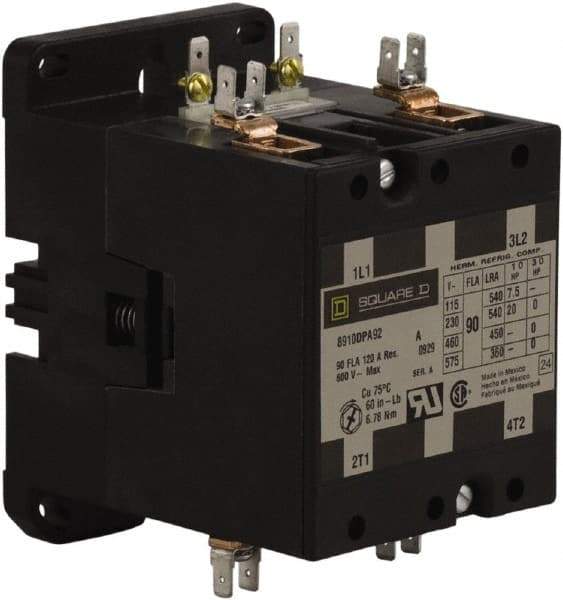 Square D - 2 Pole, 90 Amp Inductive Load, 110 Coil VAC at 50 Hz and 120 Coil VAC at 60 Hz, Definite Purpose Contactor - Phase 1 Hp:  20 at 230 VAC, 7.5 at 115 VAC, 120 Amp Resistive Rating, CE, CSA, UL Listed - Top Tool & Supply