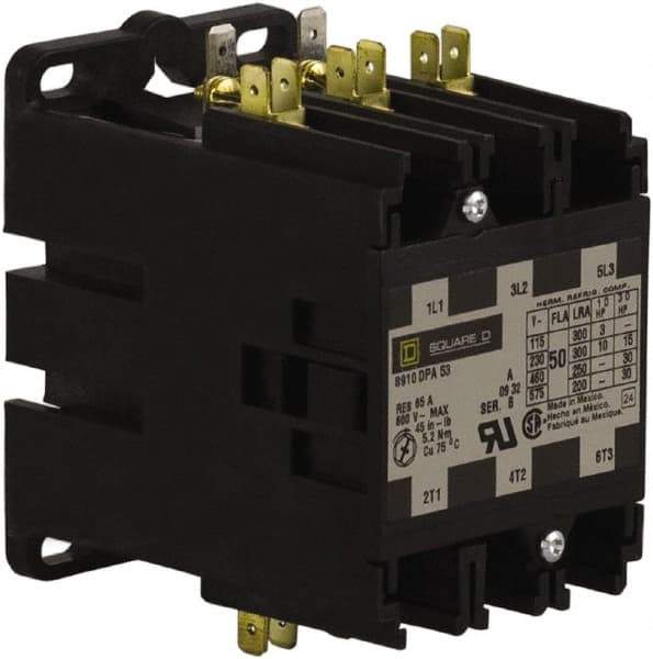 Square D - 3 Pole, 50 Amp Inductive Load, 24 Coil VAC at 50/60 Hz, Definite Purpose Contactor - Phase 1 and Phase 3 Hp:  10 at 230 VAC, 15 at 230 VAC, 3 at 115 VAC, 30 at 460 VAC, 30 at 575 VAC, 65 Amp Resistive Rating, CE, CSA, UL Listed - Top Tool & Supply