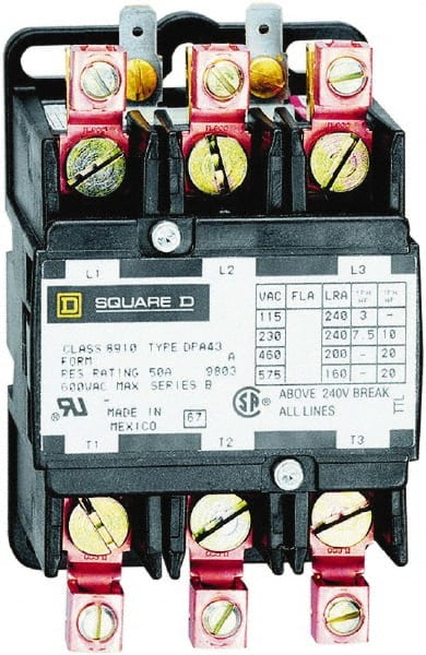 Square D - 3 Pole, 40 Amp Inductive Load, 440 Coil VAC at 50 Hz and 480 Coil VAC at 60 Hz, Definite Purpose Contactor - Exact Industrial Supply