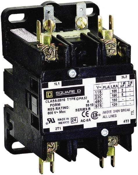 Square D - 2 Pole, 40 Amp Inductive Load, 208 to 240 Coil VAC at 60 Hz and 220 Coil VAC at 50 Hz, Definite Purpose Contactor - Phase 1 Hp:  3 at 115 VAC, 7.5 at 230 VAC, 50 Amp Resistive Rating, CE, CSA, UL Listed - Top Tool & Supply