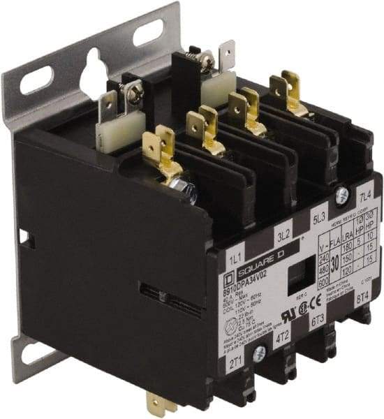 Square D - 4 Pole, 30 Amp Inductive Load, 24 Coil VAC at 50/60 Hz, Definite Purpose Contactor - Phase 1 and Phase 3 Hp:  10 at 230 VAC, 15 at 460 VAC, 2 at 115 VAC, 20 at 575 VAC, 5 at 230 VAC, 40 Amp Resistive Rating, CE, CSA, UL Listed - Top Tool & Supply