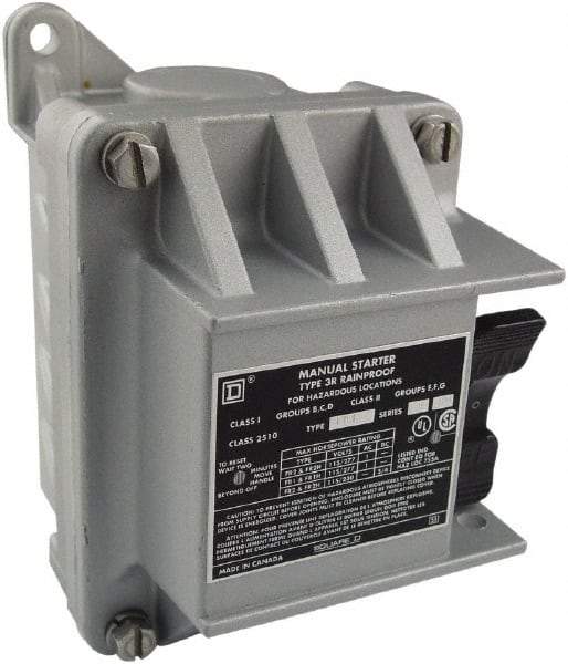 Square D - 2 Poles, 30 Amp, NEMA, Enclosed Toggle Manual Motor Starter - 1 hp at 90 VDC, 1-1/2 hp at 230 VDC, 2 hp at 115 VAC, 2 hp at 115 VDC, 2 hp at 230 VAC, 3 hp at 460 VAC & 3 hp at 575 VAC, CE, CSA, NEMA 3R/7/9 & UL Listed - Top Tool & Supply