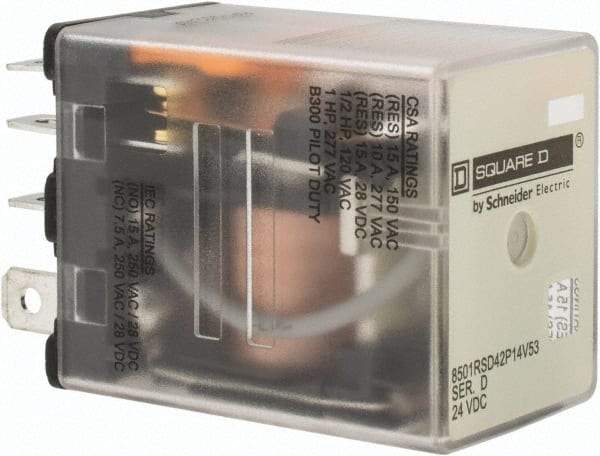 Square D - Electromechanical Plug-in General Purpose Relay - 10 Amp at 240 VAC, DPDT, 24 VDC - Top Tool & Supply