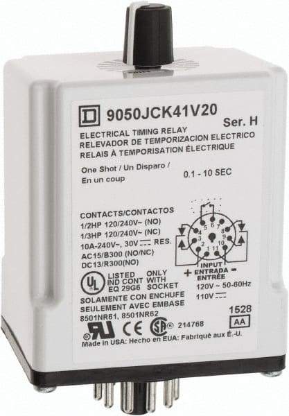 Square D - DPDT Time Delay Relay - 10 Contact Amp, 110 VDC & 120 VAC - Top Tool & Supply