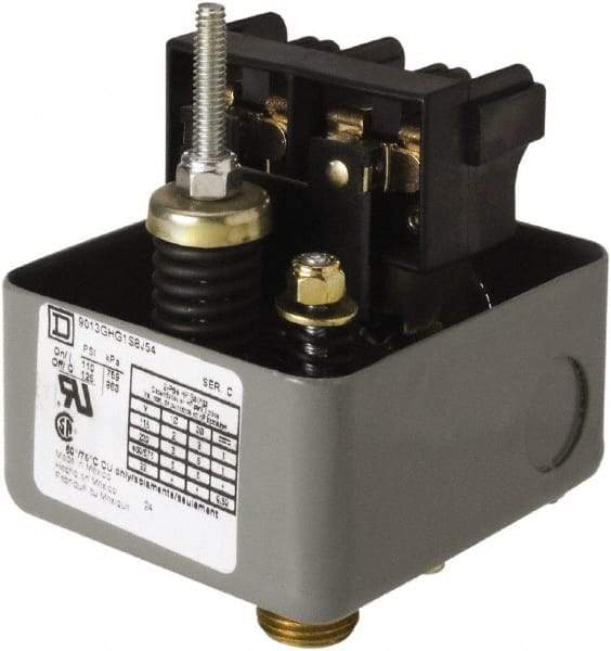 Square D - 1 NEMA Rated, DPST, 110 to 125 psig, Vacuum Switch Pressure and Level Switch - Adjustable Pressure, 575 VAC, 0.13 Inch NPSF Connector, Screw Terminal, For Use with Air Compressors, Electrically Driven Water Pumps - Top Tool & Supply