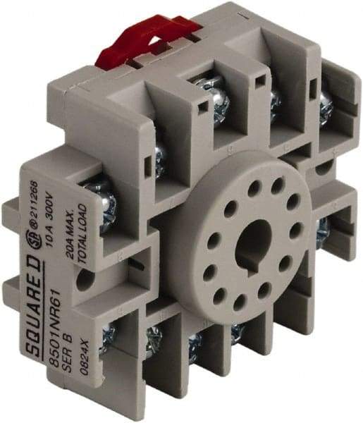 Square D - 11 Pins, 300 VAC, 10 Amp (CSA) and 15 Amp (UL), Octal Relay Socket - DIN Rail Mount, Panel Mount, 1 Tier, Screw Terminal - Top Tool & Supply