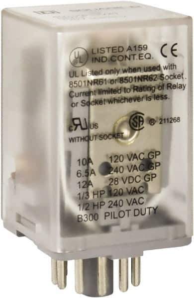 Square D - 8 Pins, 1 hp at 277 Volt & 1/3 hp at 120 Volt, 3 VA Power Rating, Octal Electromechanical Plug-in General Purpose Relay - 10 Amp at 250 VAC, DPDT, 48 VDC, 34.9mm Wide x 50.3mm High x 35.4mm Deep - Top Tool & Supply