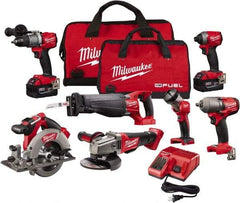 Milwaukee Tool - 18 Volt Cordless Tool Combination Kit - Includes Hammer Drill, Impact Driver, Reciprocating Saw, Circular Saw, Grinder, Work Light & 1/2" Impact Wrench, Lithium-Ion Battery Included - Top Tool & Supply