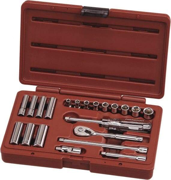 Paramount - 21 Piece 1/4" Drive Chrome Vanadium Finish Deep Well Socket Set - 6 Points, 3/16" to 1/2" Range, Inch Measurement Standard - Top Tool & Supply