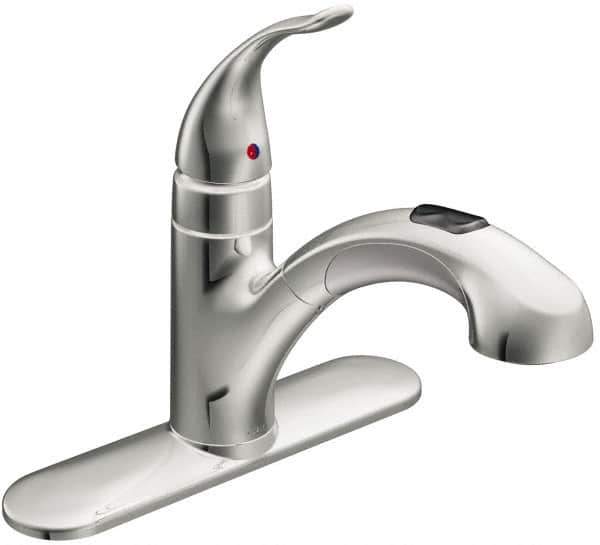 Moen - 3 Hole Mount, Low Arc Commercial Faucet - One Handle, Pull Lever Handle, Pullout Spout, No Drain - Top Tool & Supply