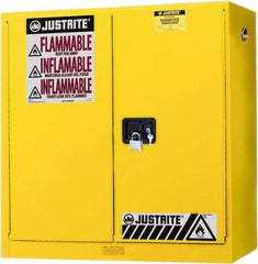 Justrite - 2 Door, 3 Shelf, Yellow Steel Wall Mount Safety Cabinet for Flammable and Combustible Liquids - 44" High x 43" Wide x 12" Deep, Manual Closing Door, 20 Gal Capacity - Top Tool & Supply