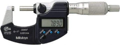 Mitutoyo - 0.0001 Inch Resolution, Standard Throat, Electronic Outside Micrometer - Includes Stand - Top Tool & Supply