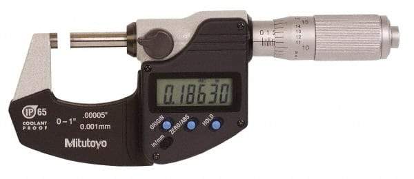 Mitutoyo - 0.0001 Inch Resolution, Standard Throat, Electronic Outside Micrometer - Includes Stand - Top Tool & Supply