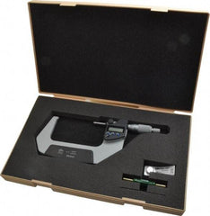 Mitutoyo - 3 to 4 Inch Range, 0.0001 Inch Resolution, Standard Throat, IP65 Electronic Outside Micrometer - 0.0001 Inch Accuracy, Ratchet Stop Thimble, Carbide Face, SR44 Battery, Data Output, Plastic Case - Top Tool & Supply