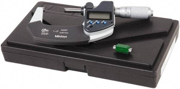 Mitutoyo - 1 to 2 Inch Range, 0.0001 Inch Resolution, Standard Throat, IP65 Electronic Outside Micrometer - 0.0001 Inch Accuracy, Friction Thimble, Carbide Face, SR44 Battery, Data Output, Plastic Case, Includes NIST Traceable Certification of Inspection - Top Tool & Supply