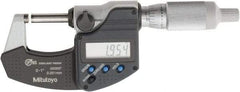 Mitutoyo - 0 to 1 Inch Range, 0.0001 Inch Resolution, Standard Throat, IP65 Electronic Outside Micrometer - 0.0001 Inch Accuracy, Ratchet Friction Thimble, Carbide Face, SR44 Battery, Plastic Case, Includes NIST Traceable Certification of Inspection - Top Tool & Supply