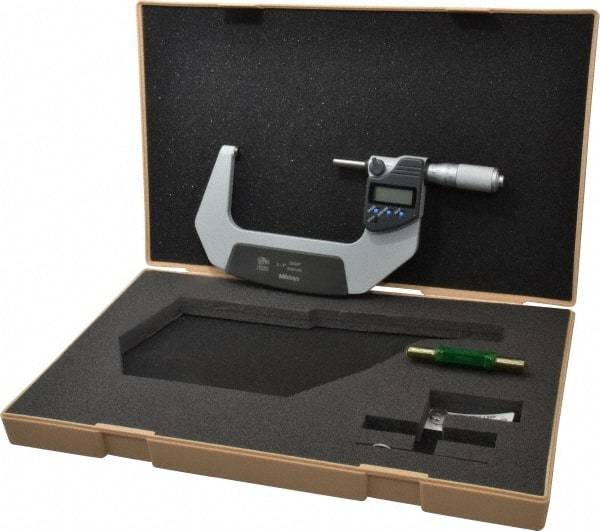 Mitutoyo - 3 to 4 Inch Range, 0.0001 Inch Resolution, Standard Throat, IP65 Electronic Outside Micrometer - 0.0001 Inch Accuracy, Ratchet Friction Thimble, Carbide Face, SR44 Battery, Plastic Case - Top Tool & Supply